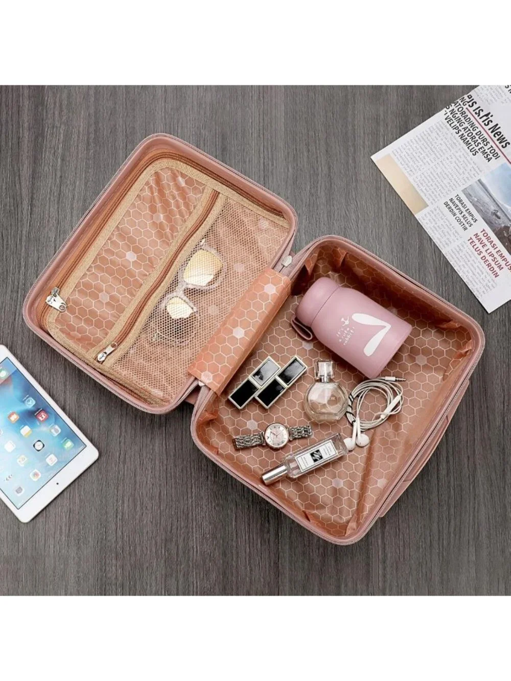 Portable Hard Shell Cosmetic Travel Case - Mini Makeup Suitcase with Elastic